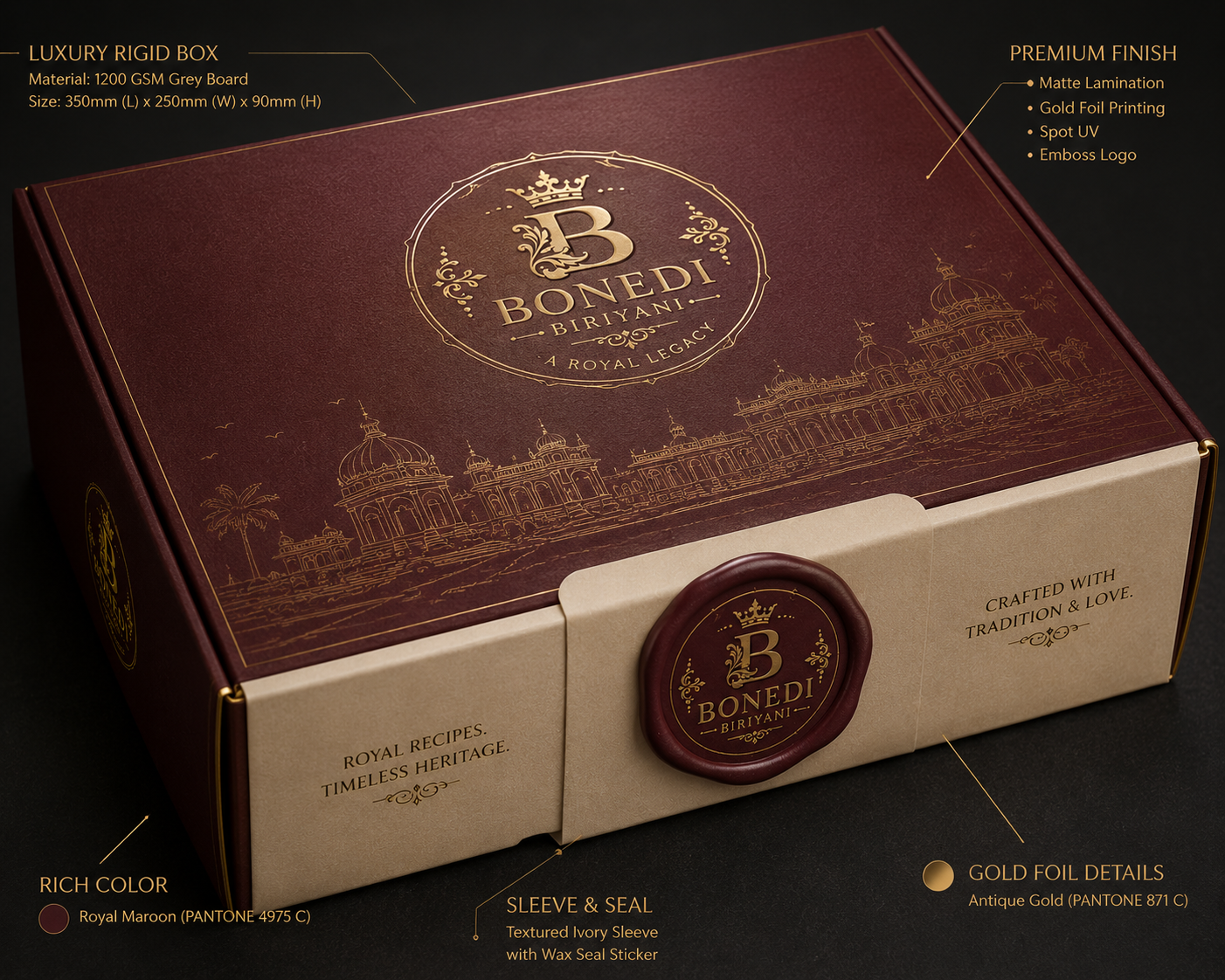 Bonedi biryani packaging with royal maroon lid and ivory sleeve